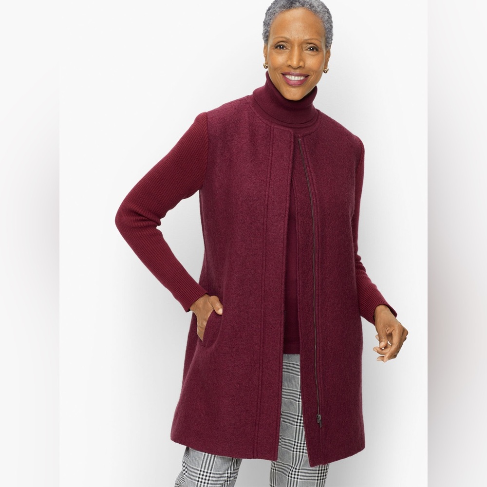 Talbots Wool Blend Sweater Sleeve Long Zip Jacket burgundy Size XL